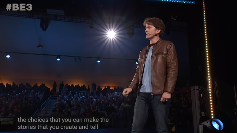 Todd Howard on stage at Bethesda’s E3 Showcase 2018 talking about how players will craft stories in Fallout 76.